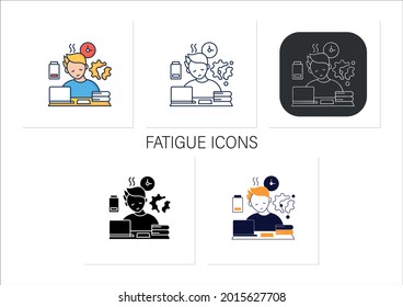 Fatigue icons set.Tired person. Too many tasks. Work overload. Need rest. Procrastination concept.Collection of icons in linear, filled, color styles.Isolated vector illustrations