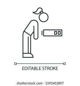 Fatigue linear icon. Tired girl. Overworked woman. Exhausted person. PMS symptom. Overwhelmed workaholic. Thin line illustration. Contour symbol. Vector isolated outline drawing. Editable stroke