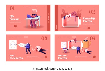 Fatigue, Low Energy and Working Burnout Landing Page Template Set. Tiny Exhausted Business People Characters Sleep and Relax at Huge Coffee Cup, Charger, Low Battery Power. Cartoon Vector Illustration