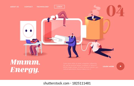 Fatigue, Low Energy and Working Burnout Landing Page Template. Tiny Exhausted Business People Characters Sleep and Relax at Huge Coffee Cup, Charger, Low Battery Power. Cartoon Vector Illustration