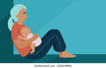 Fatigue Mother Sitting And Hold Her Baby At Home. Postpartum Anxiety And Depression Concept, Flat Vector Illustration.