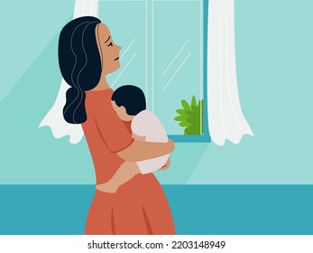 Fatigue Mother Stand And Hold Her Baby At Home. Postpartum Anxiety And Depression Concept, Flat Vector Illustration.