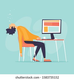 Fatigue, Office Worker Fell Asleep At The Computer, A Lot Of Work, Stress. Flat Design Vector Illustration.