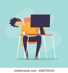 Fatigue, office worker fell asleep at the computer, a lot of work, stress. Flat design vector illustration.