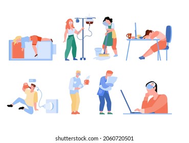 Fatigue overwork people at work isolated set. Tired male female office workers sit, sleep, express frustration, charge battery, dream about vacation, feel lack of energy vector illustration