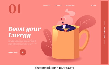 Fatiga, Procrastinación Sobretrabajo Burnout Landing Page Template. Empresario cansado con bajo consumo de energía en la enorme copa de café. Personajes masculinos durmiendo en un lugar de trabajo. Ilustración del vector de dibujos animados