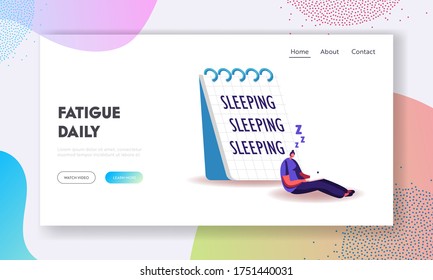 Fatigue, Procrastination, Overwork Burnout Symptom Landing Page Template. Lazy or Tired Overload Character with Low Life Energy Sleeping at Working Place with Computer. Cartoon Vector Illustration
