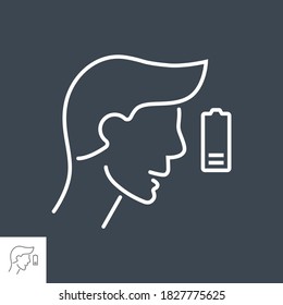 Icono de línea delgada vectorial relacionado con la fatiga. La cabeza de un hombre y una batería de baja carga. Aislado sobre fondo negro. Trazo editable. Ilustración vectorial.