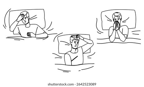 fadiga homem doente cama vetor. recuperação de repouso, cefaleia de medicamento, náusea tosse fadiga homem doente cama personagem. pessoas linha preta lápis desenho ilustração