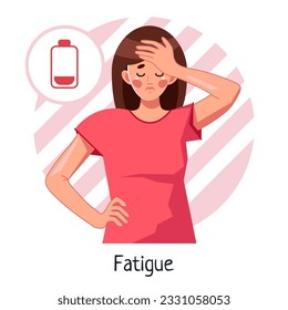 Fatigue. A sick woman feels exhausted, weak and tired. Flu, colds, viral diseases, lack of vitamins and trace elements. Vector illustration in cartoon style, isolated on a white background