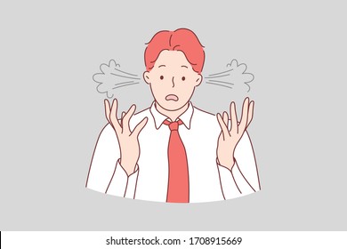 Fatigue, stress, anger, overload, perplexity, business concept. Young businessman boy office clerk manager illustration. Overworking and fatigue at work in cartoon style.