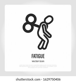 Fatigue, Stress, Depression. Tired Man With Clockwork In Back. Thin Line Icon. Vector Illustration.