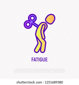 Fatigue thin line icon: tired man with clockwork key in his back. Modern vector illustration of depression, neurosis, chronic tiredness.