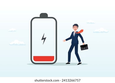Fatigue and tired businessman stand with low battery sign, exhausted and fatigue from hard work, stressed or anxiety from unhealthy work or depression and burnout, low energy or motivation (Vector)
