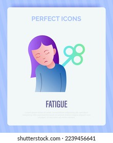 Fatigue, tiredness, apathy gradient flat icon. Tired girl with clockwork on the back. Post-covid syndrome. Vector illustration.