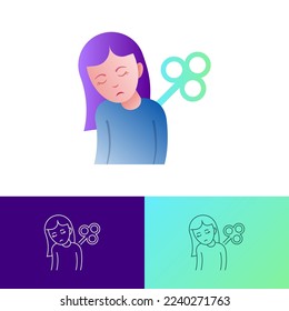 Fatigue, tiredness, apathy gradient flat icon. Tired girl with clockwork on the back. Post-covid syndrome. Vector illustration.