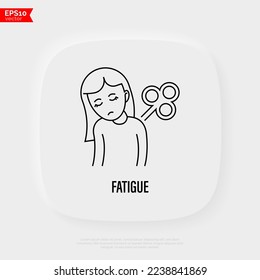 Fatigue, tiredness, apathy thin line icon. Tired girl with clockwork on the back. Post-covid syndrome. Vector illustration.