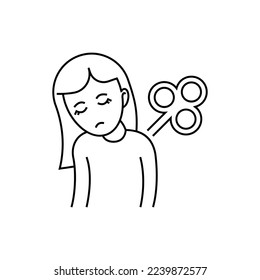 Fatigue, tiredness, apathy thin line icon. Tired girl with clockwork on the back. Post-covid syndrome. Vector illustration.