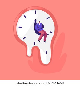 Fatigue, Tiredness, Procrastination Concept. Businessman Character Sleeping Sit on Arrows of Liquid Salvador Dali Watches. Time Management, Working Productivity, Laziness. Cartoon Vector Illustration