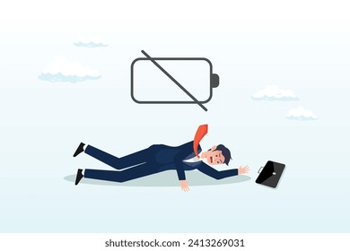 Fatigue tried businessman in suit lay down on the floor with his suitcase with no battery sign, fatigue exhausted office worker, burnout from overwork routine or run out of inspiration (Vector)