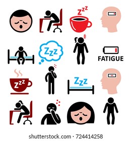 Fatigue vector icons set, tired, sressed or sleepy man and woman design
\Run-down mand and woman, sick people icons set isolated on white