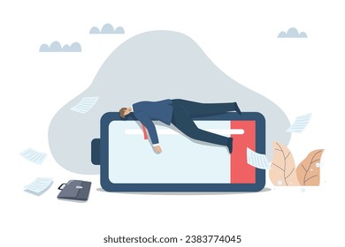 Fatigue from working too hard, Problems with boredom, Exhaustion that employees face, The businessman is lying down, very tired and weak on a large battery with low power.