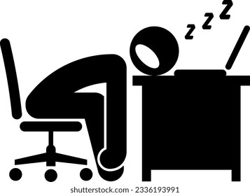 Fatigue at workplace icon. Lazy office worker. Lack of motivation. Working overtime concept. Exhausted sick tired businessman sleeping on his office desk. Flat design vector illustration.