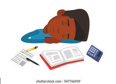Fatigued african student sleeping at the desk with books. Tired student sleeping after learning. Man sleeping among books at the table. Vector flat design illustration isolated on white background.