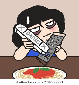 Joven fastidiosa y conmovedora mujer con tabletas de pánico con microplano en spaghetti Tomates Concepto de carta ilustración de caracteres