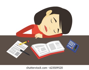 Fatigued asian student sleeping at the desk with books. Tired student sleeping after learning. Woman sleeping among books at the table. Vector flat design illustration isolated on white background.