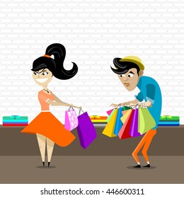 Fatigued boyfriend walking carrying shopping bags and boxes of his girlfriend while she buying more