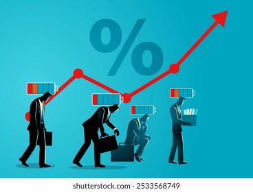 Empresários fatigados simbolizados por indicadores de bateria baixa, representando o impacto do aumento das taxas de juros. Os efeitos da inflação, das altas taxas de juros e da pressão econômica sobre as empresas