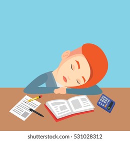 Fatigued caucasian student sleeping at the desk with books. Tired female student sleeping after learning. Young woman sleeping among books at the table. Vector flat design illustration. Square layout.