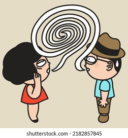 Fatigued And Confused Woman Talking With Maze Puzzle Speech Bubble Couple Card Character illustration