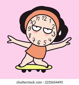Fatigued Girl With Clock Face Skating On Board. Time Runs So Fast Concept Card Character illustration