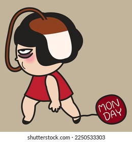 Fatigued Girl Drinking Cold Brew Latte From Her Brain While Walking With Monday Chain Iron Ball Tied On Ankle Concept Card Character illustration