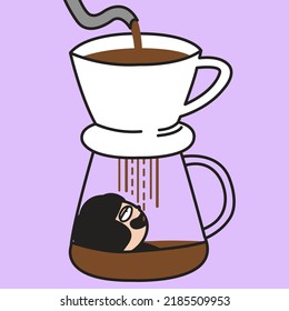 Fatigued Girl is Drinking A Dripped Coffee Concept Card Character illustration