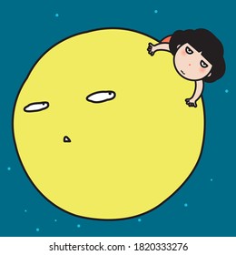 Niña Fatigued Con Cara Grumpy Con La Frustrada Ilustración De Carácter De La Tarjeta De Concepto De La Luna