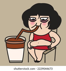 Fatigued Girl Holding Her Big Belly And Drinking A Huge Cup Of Iced Coffee Concept Card Character illustration