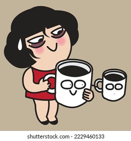 Fatigued Girl is Holding One Big Cup Of Coffee That Holding Another Small Cup Too. Not Enough Coffee. Concept Card Character illustration