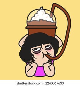 Fatigued Girl Lying Resting On Floor And Drinking Blended Iced Coffee Concept Card Character illustration