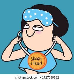 Fatigued Girl With Sleeping Eye Mask On Her Head Holding Gold Medal With Words Sleepy Head On It Concept Card Character illustration