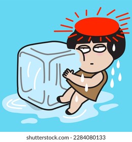 Chica Fatigued Pegando Con Un Inmenso Cubo De Hielo Para Mantenerse Fresco En Caliente Modelo De Caracteres De Tarjeta De Concepto De Clima