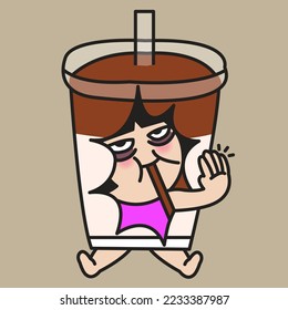 Fatigued Half Awake Young Woman Waving Hand Hello While Drinking And Sitting In Her Cold Brew Coffee Costume Concept Card Character illustration
