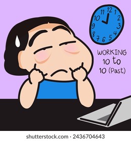 Fatigued Office Worker Woman Working Late At Nght, Cannot Wake Up, Trying Pull Her Face To Cheer Up In A Dark Office Room Concept Card Character illustration