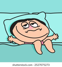 Fatigued Pill Head Cartoon Character is  Lying In Bed 