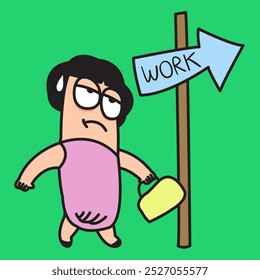 Fatigued pill head woman is walking to work cartoon character illustration