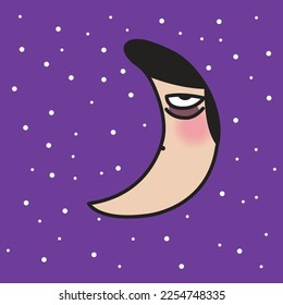 Fatigued Sleepless Girl Face In The Shape Of A Crescent Moon. Suffering From Insomnia Concept Card Character illustration