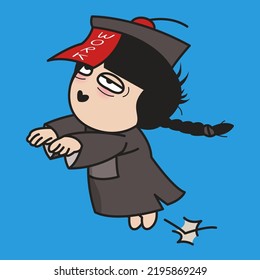 Fatigued Sleepy Chinese Zombie Vampire Woman Is Going Out For Work Concept Card Character illustration