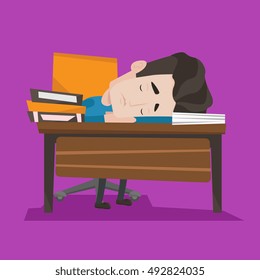 Fatigued student sleeping at the desk with books. Tired student sleeping after learning. Man sleeping among the books at the table. Concept of education. Vector flat design illustration. Square layout